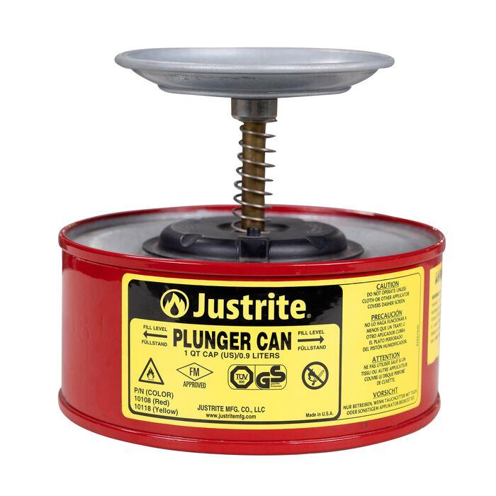 Justrite 1 Quart Steel Plunger Dispensing Can, Perforated Pan Screen Serves as Flame Arrester, Red - 10108