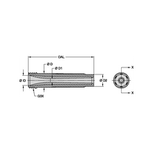 Load image into Gallery viewer, Kennametal T159-1050AP 50mm Conventional Long Venturi Tungsten Carbide Blast Nozzle, 5/8" Bore, 50mm Polyurethane Thread - dimension drawing