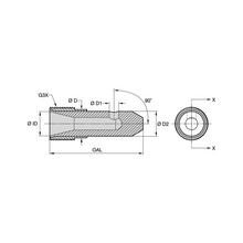 Load image into Gallery viewer, Kennametal T190-42 Angle Tungsten Carbide Blast Nozzle, 1/4" Bore, Double Outlet - dimension drawing
