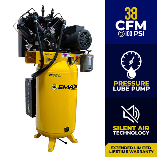 EMAX ESP10V080V3-208 Silent Air Industrial 10HP 38CFM 3- Phase 208/230V 2-Stage 80 Gal. Vertical Stationary Electric Air Compressor-W/ Pressure Lube Pump , Isolator Pads, Belt Tensioner, Continuous Run, Auto Drain