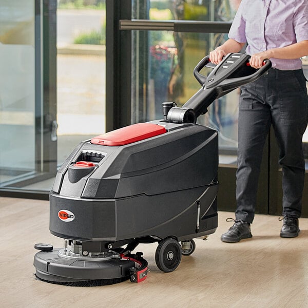 Viper AS4325B: 6.6-gallon, battery micro scrubber, 17" pad driver, 22" squeegee assembly, 10-amp on board charger, two AGM 85 a/h batteries