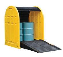 Load image into Gallery viewer, Justrite™ EcoPolyBlend® DrumShed with rolltop doors, accommodates 2 drums, optional ramp, Poly
