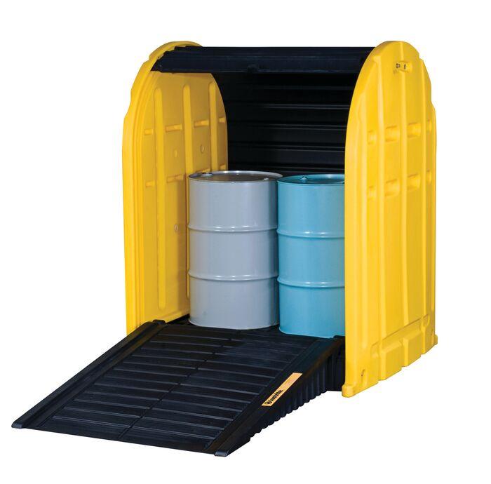 Justrite™ EcoPolyBlend® DrumShed with rolltop doors, accommodates 2 drums, optional ramp, Poly