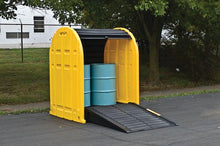 Load image into Gallery viewer, Justrite™ EcoPolyBlend® DrumShed with rolltop doors, accommodates 2 drums, optional ramp, Poly