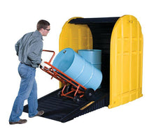 Load image into Gallery viewer, Justrite™ EcoPolyBlend® DrumShed with rolltop doors, accommodates 2 drums, optional ramp, Poly