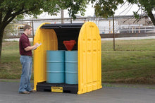 Load image into Gallery viewer, Justrite™ EcoPolyBlend® DrumShed with rolltop doors, accommodates 2 drums, optional ramp, Poly