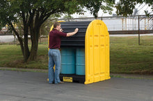 Load image into Gallery viewer, Justrite™ EcoPolyBlend® DrumShed with rolltop doors, accommodates 2 drums, optional ramp, Poly