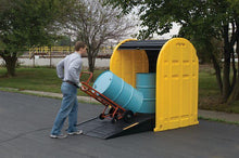 Load image into Gallery viewer, Justrite™ EcoPolyBlend® DrumShed with rolltop doors, accommodates 2 drums, optional ramp, Poly