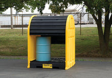 Load image into Gallery viewer, Justrite™ EcoPolyBlend® DrumShed with rolltop doors, accommodates 2 drums, optional ramp, Poly