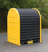 Load image into Gallery viewer, Justrite™ EcoPolyBlend® DrumShed with rolltop doors, accommodates 2 drums, optional ramp, Poly