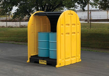 Load image into Gallery viewer, Justrite™ EcoPolyBlend® DrumShed with rolltop doors, accommodates 2 drums, optional ramp, Poly