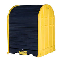 Load image into Gallery viewer, Justrite™ EcoPolyBlend® DrumShed with rolltop doors, accommodates 2 drums, optional ramp, Poly