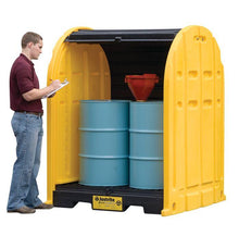 Load image into Gallery viewer, Justrite™ EcoPolyBlend® DrumShed with rolltop doors, accommodates 2 drums, optional ramp, Poly