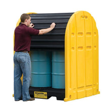 Load image into Gallery viewer, Justrite™ EcoPolyBlend® DrumShed with rolltop doors, accommodates 2 drums, optional ramp, Poly