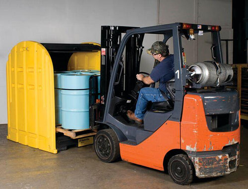 Justrite™ EcoPolyBlend® DrumShed™ with rolltop doors, accommodates 4 drums, optional ramp