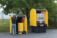 Load image into Gallery viewer, Justrite™ EcoPolyBlend® IBC Outdoor Shed with Pallet, forklift pockets, rolltop doors, 40% recycled