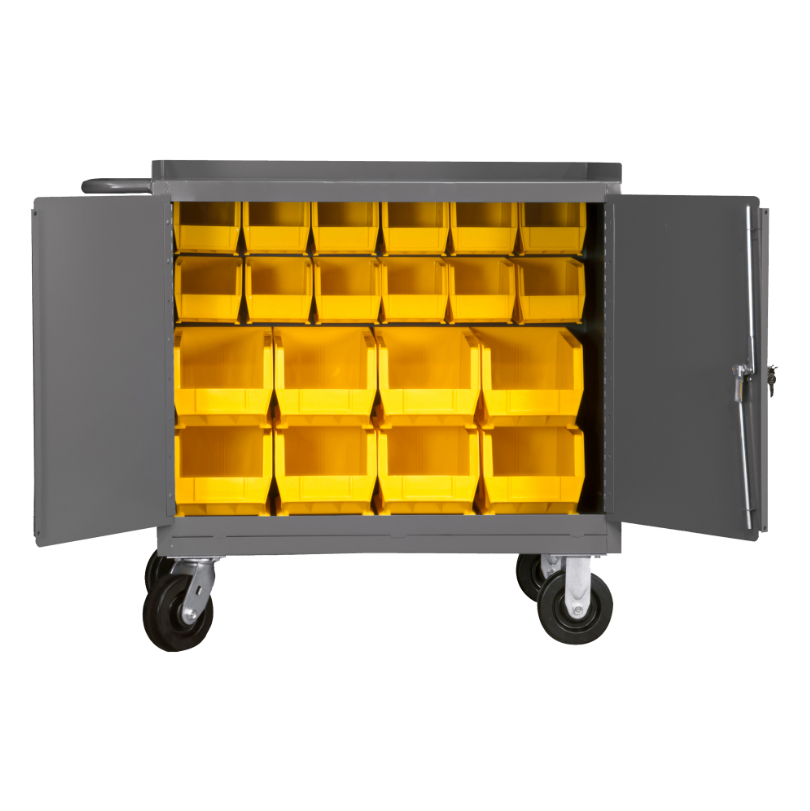 Durham 3100-BLP-20-95 Mobile Bench Cabinet, 20 Yellow Bins, 24-1/4 X 42-1/8 X 37-3/4