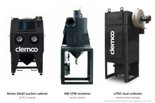 Load image into Gallery viewer, Clemco 32650 Series 24x42 Suction Blast Cabinet, 600 CFM LPDC Dust Collector, Non-Ferrous Media, 230V 3-Phase, IQ PLC Controls — cabinet, reclaimer and dust collector