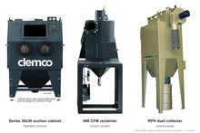 Load image into Gallery viewer, Clemco 32662 Series 36x36 Suction Blast Cabinet, 600 CFM RPH Dust Collector, Non-Ferrous Media, 115V 1-Phase — cabinet, reclaimer and dust collector