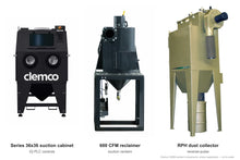 Load image into Gallery viewer, Clemco 32669 Series 36x36 Suction Blast Cabinet, 600 CFM RPH Dust Collector, Non-Ferrous Media, 115V 1-Phase, IQ PLC Controls — cabinet, reclaimer and dust collector