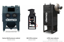 Load image into Gallery viewer, Clemco 32712 Series 40x50 Pressure Blast Cabinet, 600 CFM LPDC Dust Collector, Lightweight Media, 230V 3-Phase — cabinet, reclaimer and dust collector