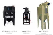 Load image into Gallery viewer, Clemco 32755 Series 36x36 Pressure Blast Cabinet, 600 CFM RPH Dust Collector, Lightweight Media, 460V 3-Phase, IQ PLC Controls — cabinet, reclaimer and dust collector