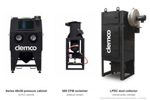 Load image into Gallery viewer, Clemco 32758 Series 40x50 Pressure Blast Cabinet, 600 CFM LPDC Dust Collector, Lightweight Media, 460V 3-Phase, IQ PLC Controls — cabinet, reclaimer and dust collector