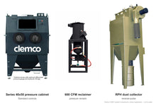 Load image into Gallery viewer, Clemco 33261 Series 40x50 Pressure Blast Cabinet, 600 CFM RPH Dust Collector, Non-Ferrous Media, 460V 3-Phase — cabinet, reclaimer and dust collector