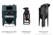 Load image into Gallery viewer, Clemco 33773 Series 40x50 Pressure Blast Cabinet, 900 CFM RPH Dust Collector, Lightweight Media, 460V 3-Phase — cabinet, reclaimer and dust collector
