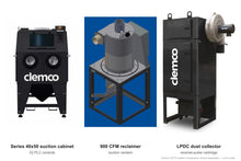Load image into Gallery viewer, Clemco 33774 Series 40x50 Suction Blast Cabinet, 900 CFM LPDC Dust Collector, Steel Media, 230V 3-Phase, IQ PLC Controls — cabinet, reclaimer and dust collector