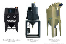 Load image into Gallery viewer, Clemco 33777 Series 40x50 Suction Blast Cabinet, 600 CFM RPH Dust Collector, Non-Ferrous Media, 115V 1-Phase, IQ PLC Controls — cabinet, reclaimer and dust collector