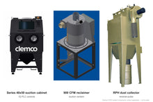 Load image into Gallery viewer, Clemco 33783 Series 40x50 Suction Blast Cabinet, 900 CFM RPH Dust Collector, Steel Media, 460V 3-Phase, IQ PLC Controls — cabinet, reclaimer and dust collector