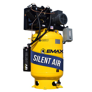 EMAX ESP07V120V3-460 Silent Air Industrial 7.5HP 31CFM 3 Phase 460V 2-Stage 120 Gal. Vertical Stationary Electric Air Compressor-W/ Pressure Lube Pump , Isolator Pads, Belt Tensioner, Continuous Run, Auto Drain