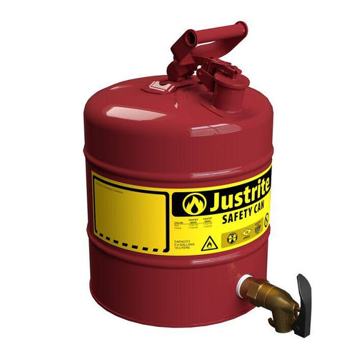 Justrite 5 Gallon Steel Safety Can for Laboratories, Type I, Rigid Bottom Brass Faucet, Red - 7150150