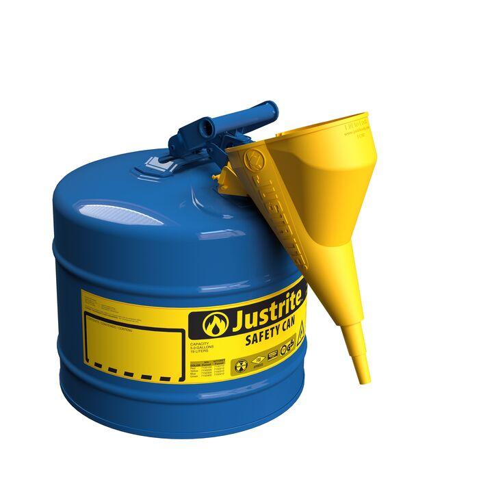 Justrite 5 Gallon Steel Safety Can for Kerosene, Type I, Funnel, Flame Arrester, Blue - 7150310