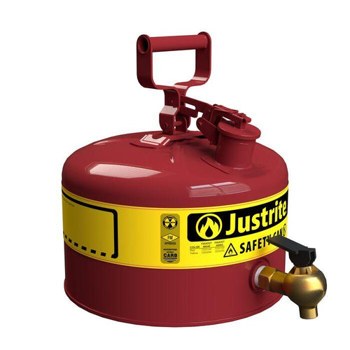 Justrite 2.5 Gallon Steel Safety Can for Laboratories, Type I, Bottom Brass Flow-Control Faucet, Red - 7225140