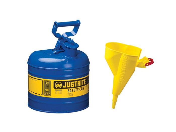 Justrite 2 Gallon Steel Safety Can for Kerosene, Type I, Funnel, Flame Arrester, Blue - 7120310