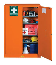 Load image into Gallery viewer, Justrite™ Emergency Preparedness Storage Cabinet, PowerPort™ pass-thru, 4 shelves, 2 keys, Orange
