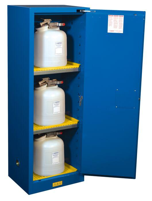 Justrite™ Sure-Grip® EX Slimline Hazardous Material Safety Cab, 22 Gal, 3 shelves 1 s/c dr Royal Blue