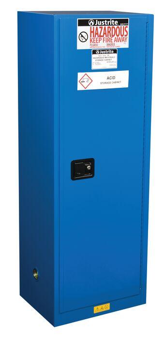Justrite™ ChemCor® Slimline Hazardous Mat. Safety Cabinet, 22 Gal., 3 shelves, 1 s/c door, Royal Blue