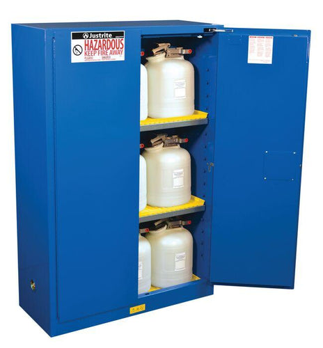 Justrite™ Sure-Grip® EX Hazardous Material Safety Cab., 45 Gal., 2 shelves, 2 s/c doors, Royal Blue