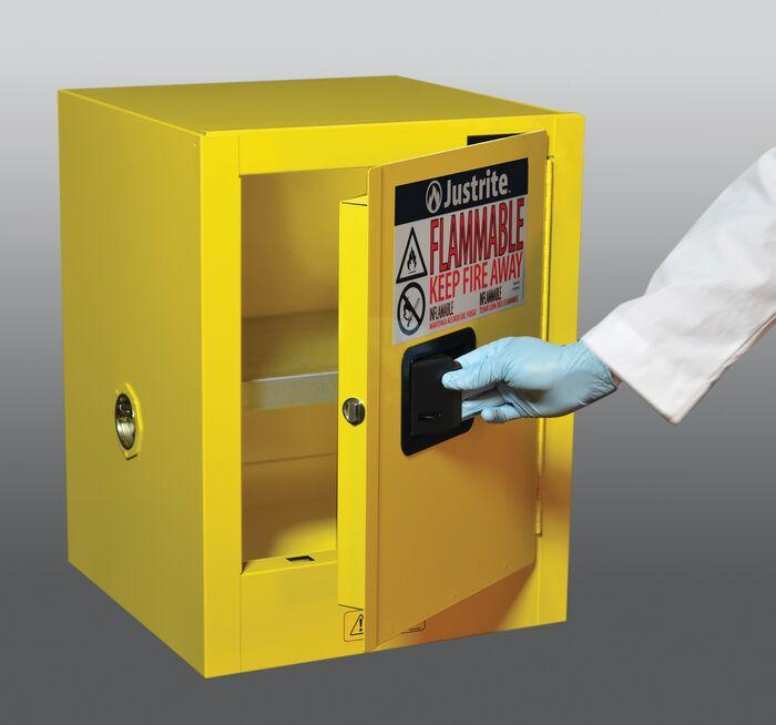 Justrite- Sure-Grip® EX 4-gal. capacity Countertop Flammable Safety Cabinet W/ 1 Shelf & 1 Manual Close Door - Yellow