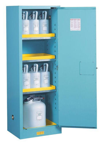 Justrite™ Sure-Grip® EX Slimline Corrosive/Acid Steel Safety Cab, 22 Gal, 3 Shelves, 1 s/c door, Blue