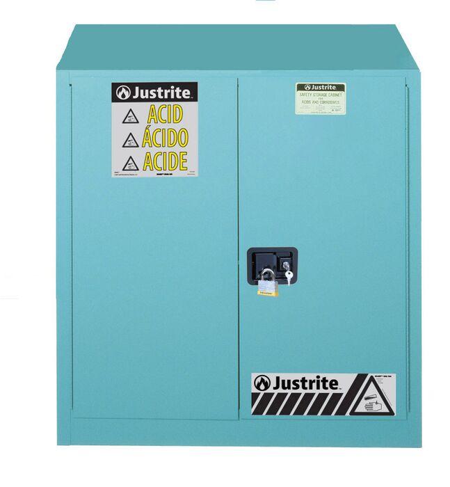 Justrite™ ChemCor® Corrosives/Acids Safety Cabinet, 30 Gal., 1 shelf, 2 self-close doors, Blue