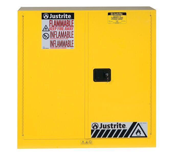 Justrite™ Sure-Grip® EX Combustibles Safety Cab. for P&I, 40 Gal., 3 shelves, 2 s/c door, Yellow