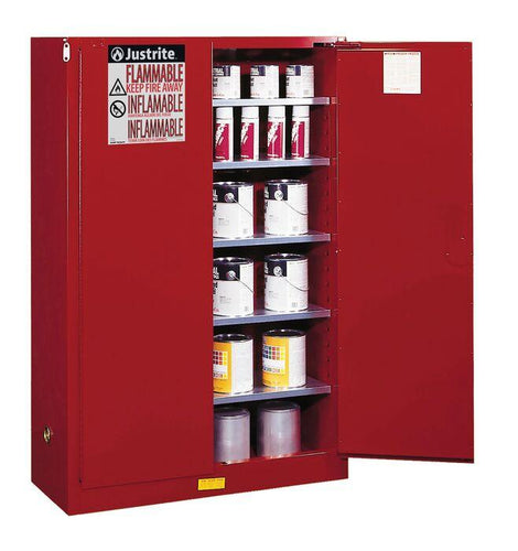 Justrite™ Sure-Grip® EX Combustibles Safety Cab. for P&I, 60 Gal., 5 shelves, 2 m/c door, Red