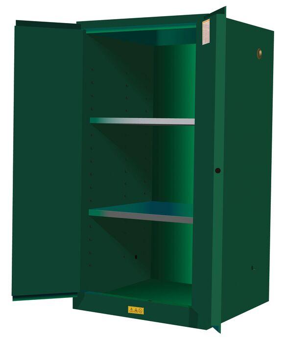 Justrite™ Sure-Grip® EX Pesticides Safety Cabinet, 60 gallons, 2 shelves, 2 self-close doors, Green