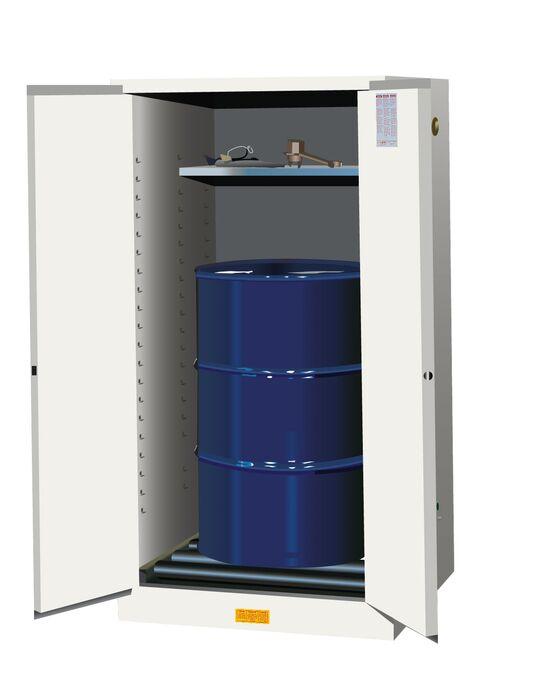 Justrite™ Sure-Grip® EX Vertical Drum Safety Cabinet and Drum Rollers, 55 Gal., 2 s/c doors, White