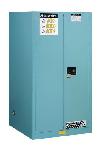 Justrite™ Sure-Grip® EX Corrosives/Acid Steel Safety Cab., 90 Gal., 2 shelves, 2 s/c doors, Blue