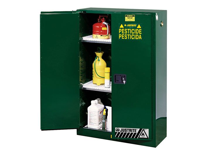 Justrite™ Sure-Grip® EX Pesticides Safety Cabinet, 90 gallons, 2 shelves, 2 self-close doors, Green